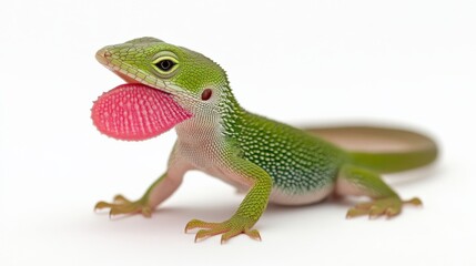 Obraz premium Uncommon green anole lizard with its throat puffed out in a territorial display, isolated on white.