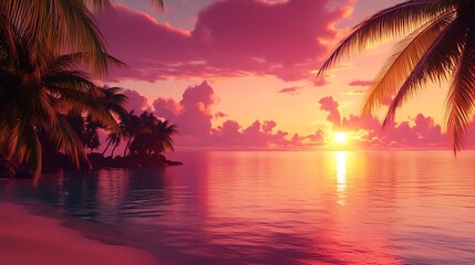 A tranquil tropical beach at sunset, with calm waters, swaying palm trees, and the sky painted in shades of pink and orange