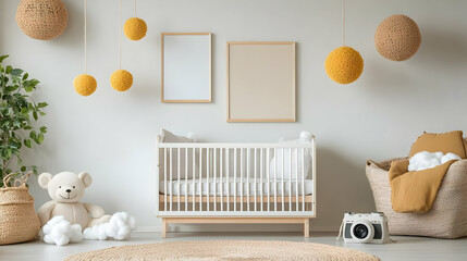Nursery Design with White Crib and Yellow Pom Poms