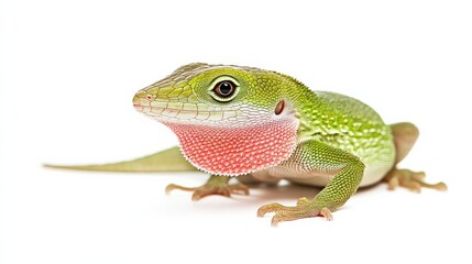 Fototapeta premium Uncommon green anole lizard with its throat puffed out in a territorial display, isolated on white.