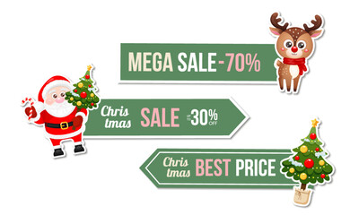 Christmas discount stickers with Santa Claus, Reindeer and Christmas tree. Design template for shopping sale, advertising. Vector illustration
