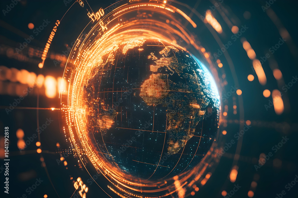 Poster digital earth surrounded by glowing lines and numbers, symbolizing global connectivity and data flow