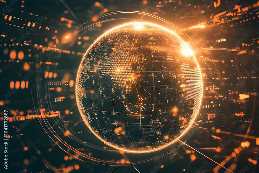 Poster digital earth surrounded by glowing lines and numbers, symbolizing global connectivity and data flow