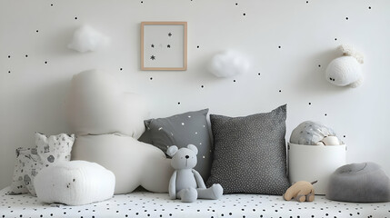Cute Nursery Decor with Grey and White Pillows and Toys