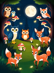 Naklejka premium Nighttime enchantment in a whimsical forest with owls, foxes, and glowing mushrooms under the full moon