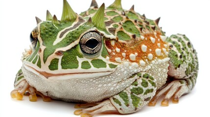 Uncommon horned frog with intricate green and brown markings, showing off its unique appearance on a white background.