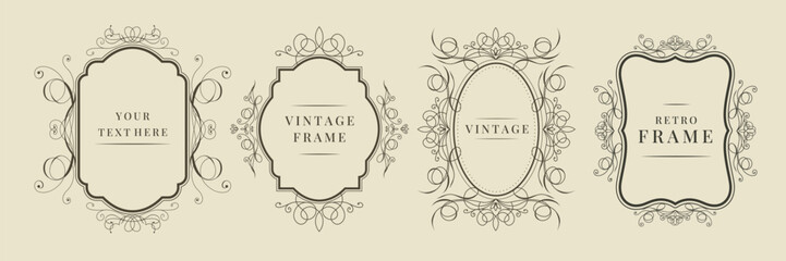 Vintage calligraphic decorative vertical frames set. Elegant retro ornamental borders, floral ornaments. Vector template