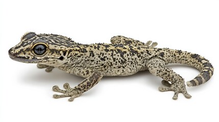 Obraz premium Uncommon leaf-tailed gecko with its intricate camouflage patterns, perched on a white background.