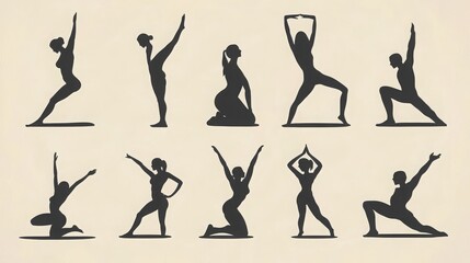 Vector icons of yoga people silhouettes in various poses. 