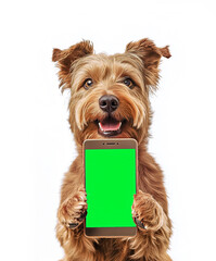Dog holding phone in paws with chromakey function for advertising, pressing, touching and swiping on green screen of phone. Shaggy brown puppy using smartphone on white background, vertical shot