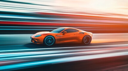Vibrant orange sports car speeding on a track, highlighting luxury and speed with motion blur.