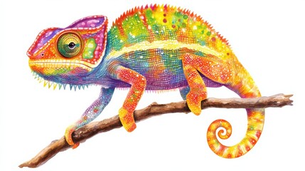 Obraz premium Uncommon pet chameleon with its tail curled, changing colors as it stands on a branch, isolated on a white background.