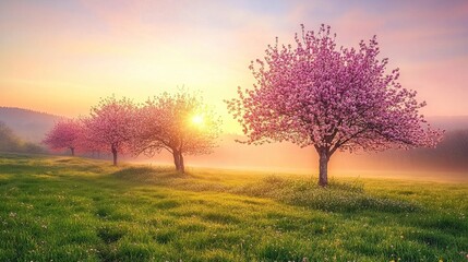 Fototapeta premium Serene Cherry Blossom Trees at Sunrise