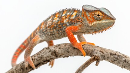 Uncommon pet chameleon with its tail curled, changing colors as it stands on a branch, isolated on a white background.
