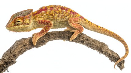 Obraz premium Uncommon pet chameleon with its tail curled, changing colors as it stands on a branch, isolated on a white background.