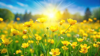 Fototapeta premium Bright yellow buttercups in a sunny meadow, using forced perspective to create a stunning nature scene.