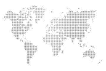 Fototapeta premium Dotted world map illustration. Black halftone circled global map symbol. Vector template for web design, annual reports, infographics, business presentations, printed material, travel and tourism.