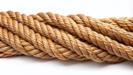 Fototapeta premium Close Up of Coarse Brown Natural Fiber Rope on White Background for Textures and Crafts