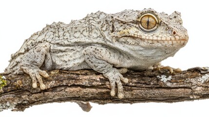 Fototapeta premium Uncommon pet gargoyle gecko with its marbled skin pattern, perched on a branch isolated on white.