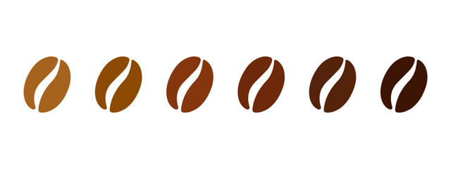 Coffee bean roasting degree color symbol set. Coffee frying level icon. Coffee strength scale sign. Different color bean illustration.