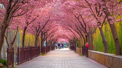 Obraz premium Serene Cherry Blossom Pathway in Full Bloom