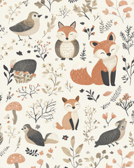 Obraz premium Whimsical woodland creatures are illustrated in charming pattern, featuring variety of animals like foxes and birds among delicate flowers and mushrooms, creating playful and serene atmosphere
