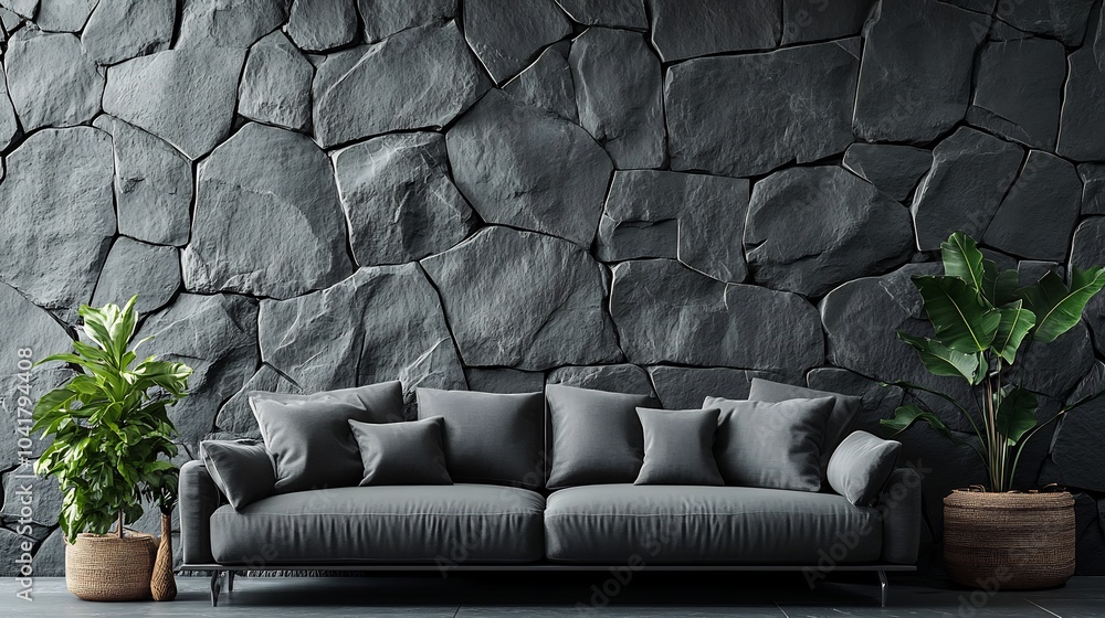 Poster dark gray stone wall texture large rough stones arranged in a repeating pattern giving an ancient so