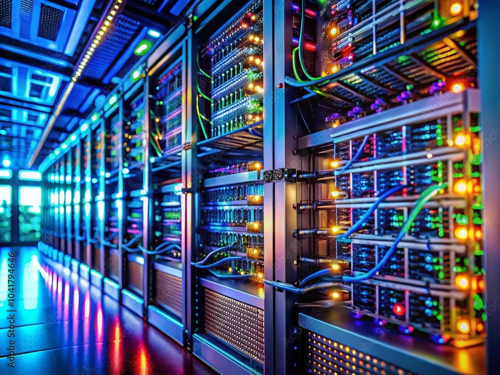 Poster closeup of data center server racks with tilt-shift photography for enhanced depth and detail