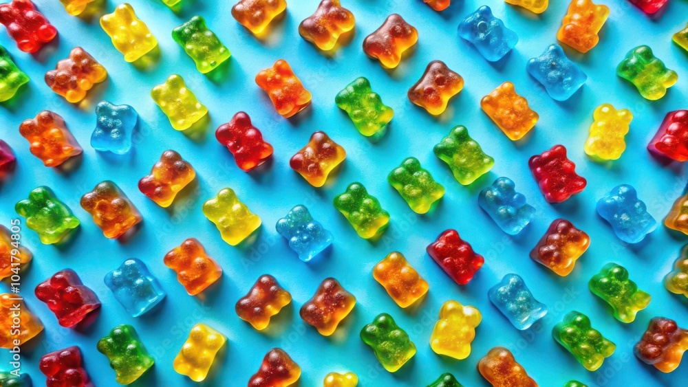 Poster a vibrant pattern of colorful gummy bears arranged in a symmetrical grid on a bright blue background