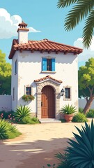 A blue door with a white trim sits in front of a white house with a red roof