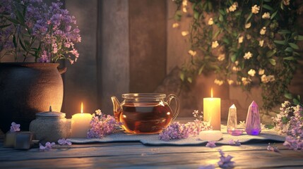 Fototapeta premium A tranquil setting with tea, candles, and crystals for relaxation.
