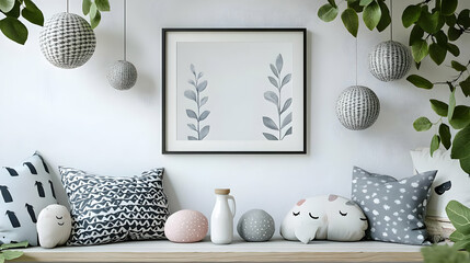 Decorate with Black and White Pillows, a Framed Leaf Print, and a White Shelf