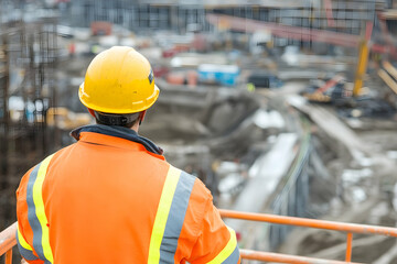 Construction worker in helmet and safety jacket observing industrial site from elevated platform, blurred structures