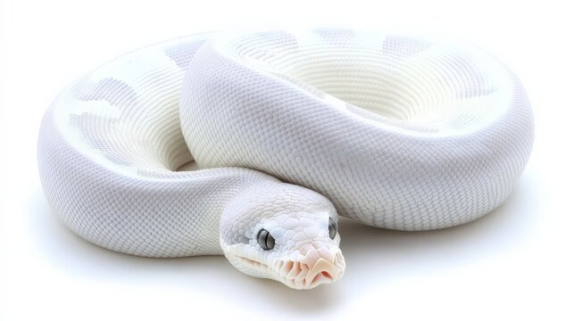 Unique pet axanthic ball python, its silver-gray tones highlighted against the white backdrop.