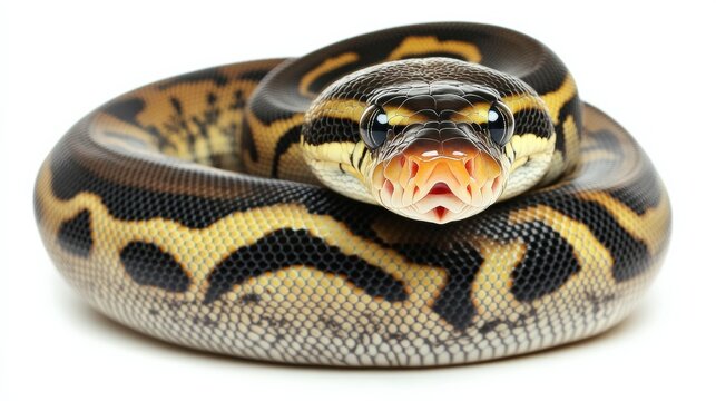 Unique pet axanthic ball python, its silver-gray tones highlighted against the white backdrop.
