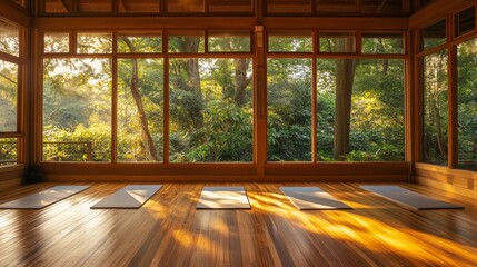 Yoga studio with large windows, wooden floors, and mats, surrounded by nature. 