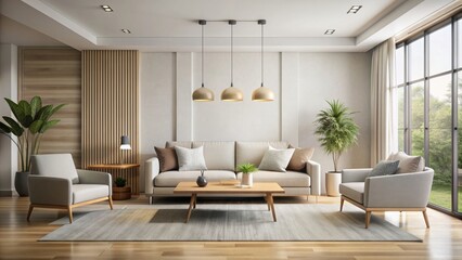 Fototapeta premium Modern and minimal living room with clean lines and neutral colors, modern, minimal, living room, clean, lines, furniture