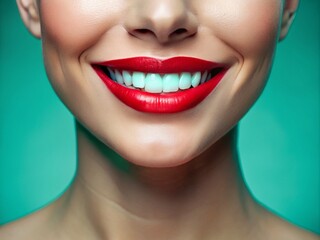 Fototapeta premium Close-Up of Healthy Lips and Beautiful Smile on Aquamint Background with Low Light Photography for Lip Care and