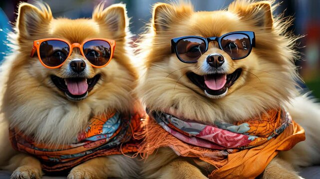 Two happy spitz dogs wearing sunglasses and scarves are posing