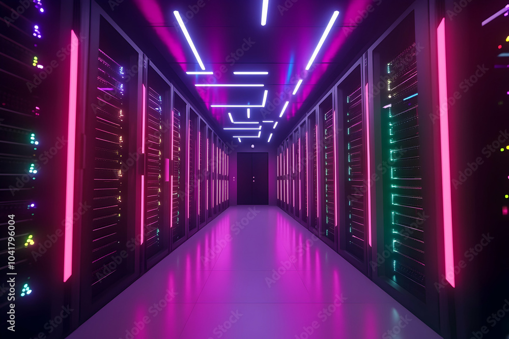 Poster futuristic server room with glowing multicolored lights on data servers, showcasing advanced technol