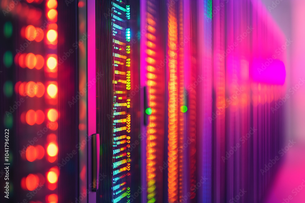 Poster futuristic server room with glowing multicolored lights on data servers, showcasing advanced technol