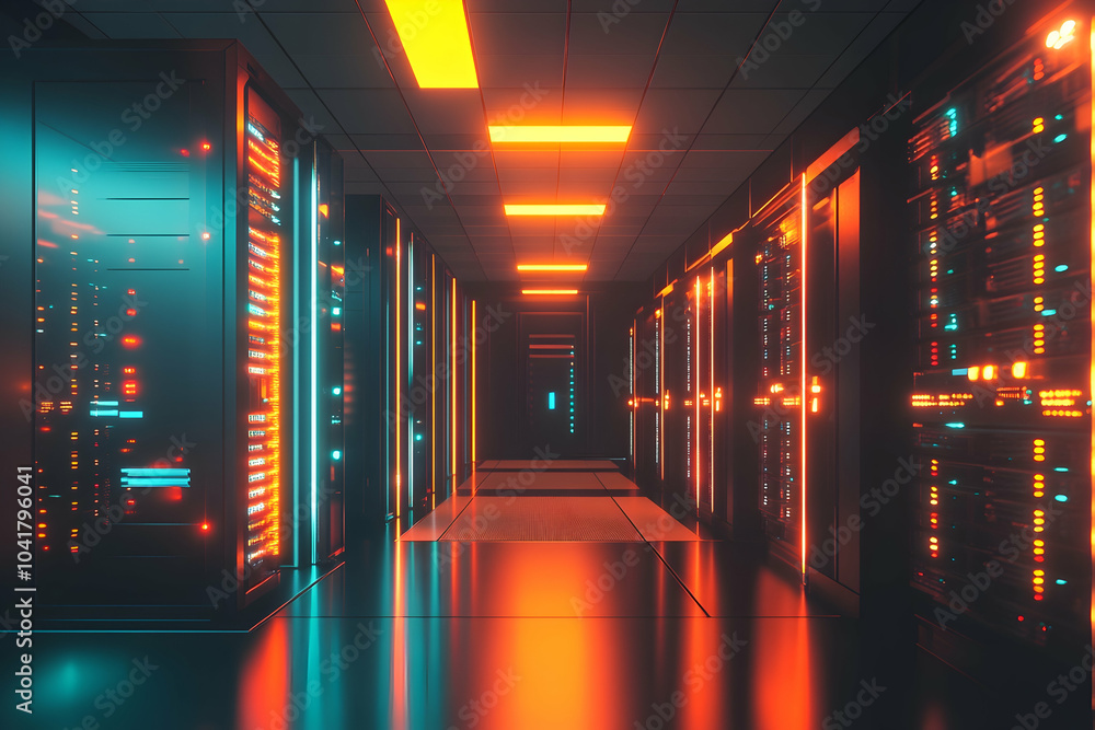 Poster futuristic server room with glowing multicolored lights on data servers, showcasing advanced technol