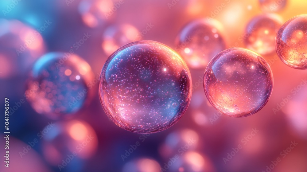 Aufkleber Bubbles of various sizes float in a vibrant atmosphere, illuminated by soft colors, creating an enchanting and surreal visual experience filled with texture and light.