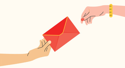Happy Chinese New Year concept, human hand holding red envelope and giving it to another person vector illustration. 