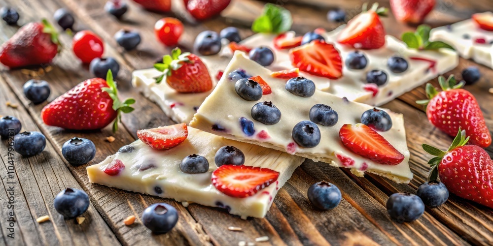 Aufkleber white chocolate bark topped with strawberries and blueberries on a rustic wooden surface