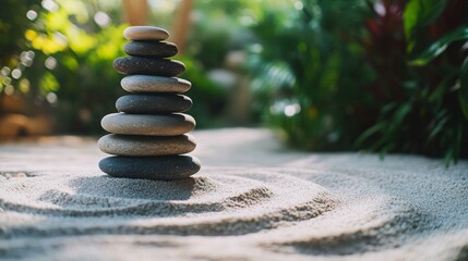 Obraz premium Zen garden with stacked stones and sand patterns for relaxation and meditation.