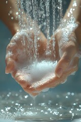 Fototapeta premium Hands under running water, with soap suds lathering up on the skin.