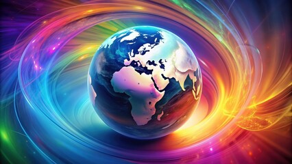 Background featuring a globe surrounded by abstract shapes and colors , World, planet, Earth, international, global