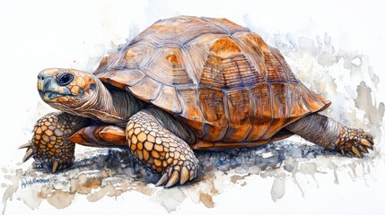 Obraz premium Unusual red-footed tortoise slowly walking across the white background, showing off its striking shell pattern.