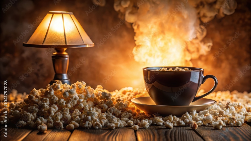 Aufkleber A steaming cup of coffee with a pile of popcorn and a lamp in the background, creating a cozy and inviting atmosphere.